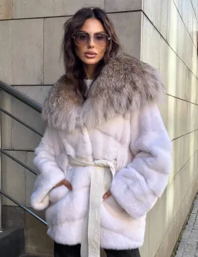 Норковая шуба с мехом рыси - белая