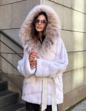 Норковая шуба с мехом рыси - белая