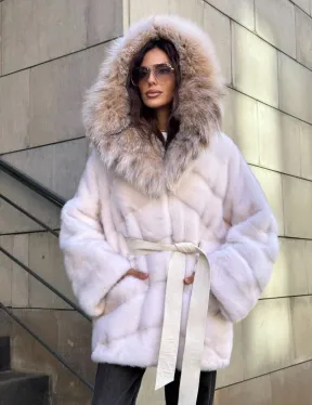 Норковая шуба с мехом рыси - белая