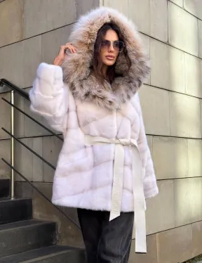 Норковая шуба с мехом рыси - белая