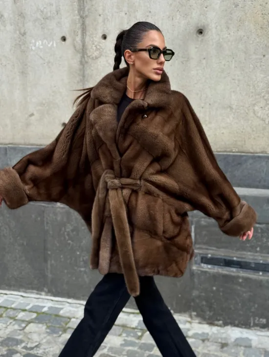 Шуба летучка из премиум меха норки - цвет соболь