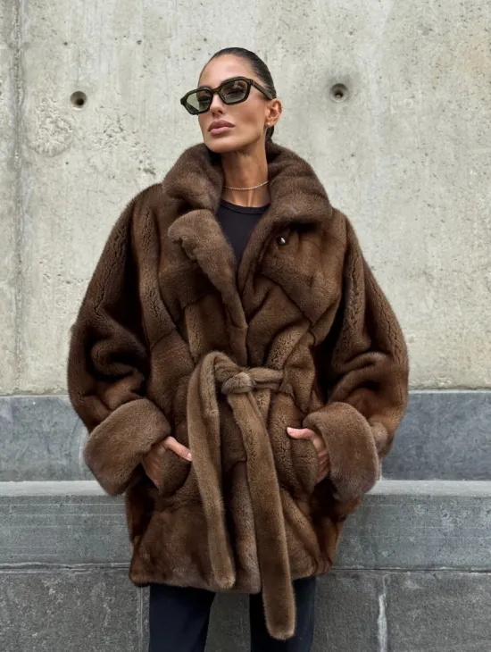 Шуба летучка из премиум меха норки - цвет соболь