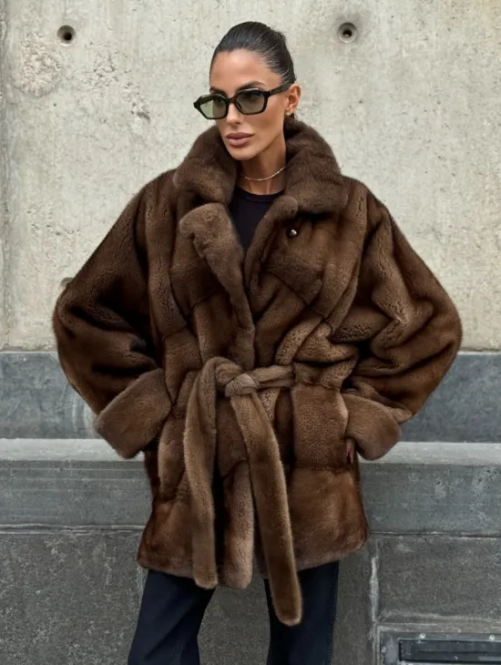 Шуба летучка из премиум меха норки - цвет соболь