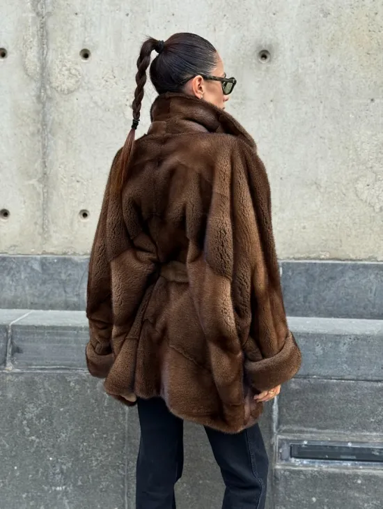 Шуба летучка из премиум меха норки - цвет соболь