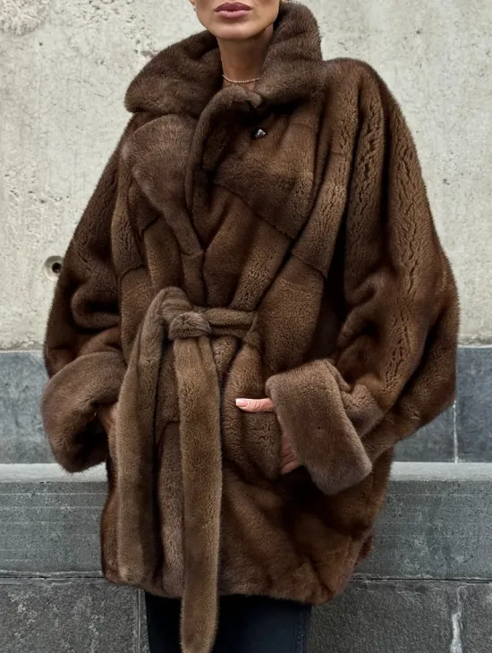 Шуба летучка из премиум меха норки - цвет соболь