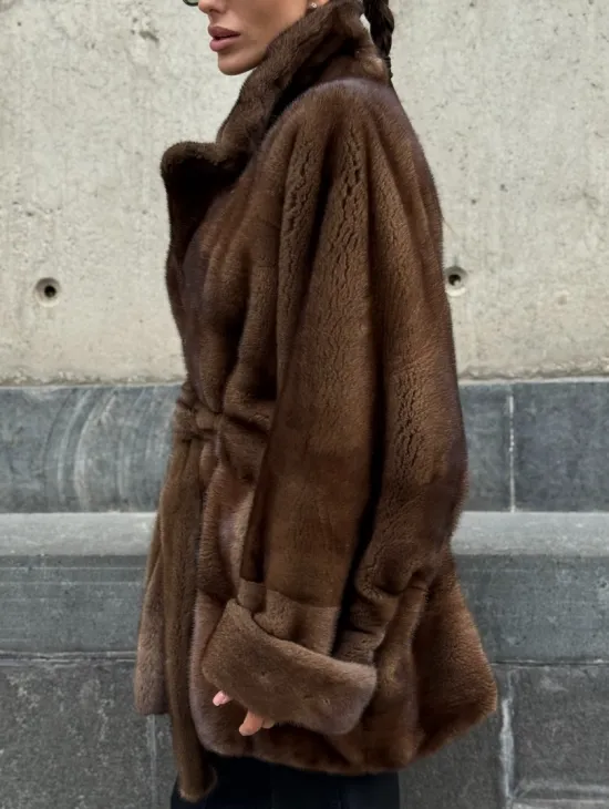 Шуба летучка из премиум меха норки - цвет соболь