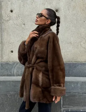 Шуба летучка из премиум меха норки - цвет соболь