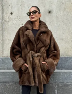 Шуба летучка из премиум меха норки - цвет соболь