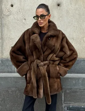 Шуба летучка из премиум меха норки - цвет соболь