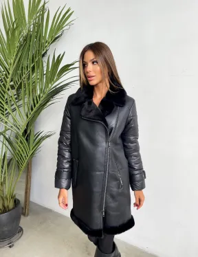 Удлиненная черная дубленка авиатор