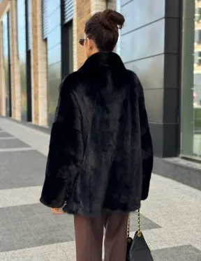 Элегантная черная шубка из меха норки - стойка воротник