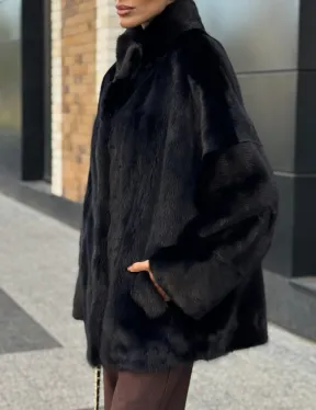 Элегантная черная шубка из меха норки - стойка воротник