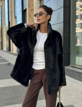 Элегантная черная шубка из меха норки - стойка воротник