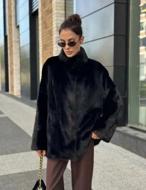 Элегантная черная шубка из меха норки - стойка воротник