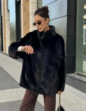 Элегантная черная шубка из меха норки - стойка воротник