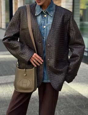 Стильный пиджак из натуральной плетеной кожи