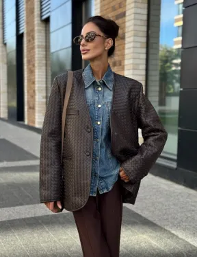 Стильный пиджак из натуральной плетеной кожи