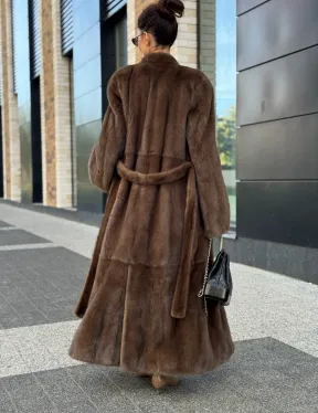 Длинное норковое пальто - шуба в цвете соболь