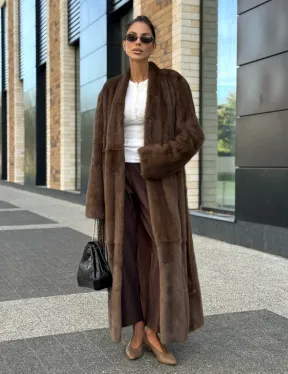 Длинное норковое пальто - шуба в цвете соболь