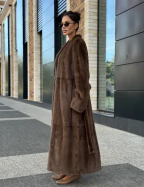 Длинное норковое пальто - шуба в цвете соболь