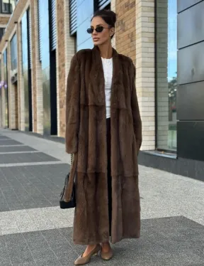 Длинное норковое пальто - шуба в цвете соболь