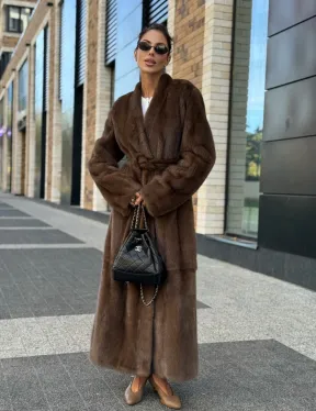 Длинное норковое пальто - шуба в цвете соболь