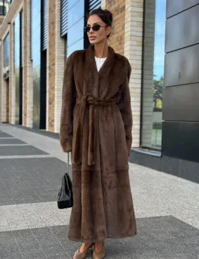 Длинное норковое пальто - шуба в цвете соболь