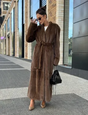 Длинное норковое пальто - шуба в цвете соболь