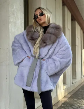 Шуба из норки короткая с куницей воротник