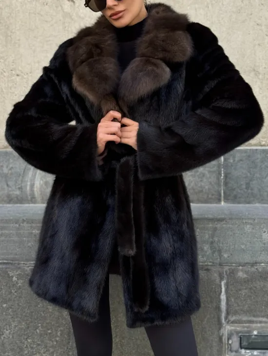 Норковая шуба махагон с куницей