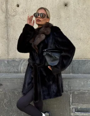 Норковая шуба махагон с куницей