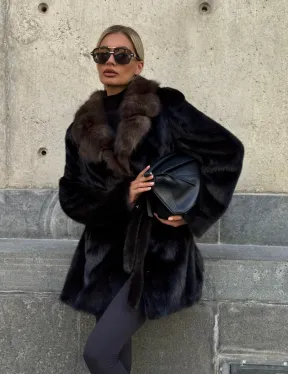 Норковая шуба махагон с куницей