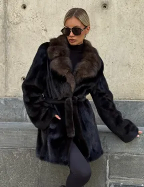 Норковая шуба махагон с куницей