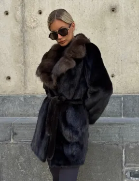 Норковая шуба махагон с куницей