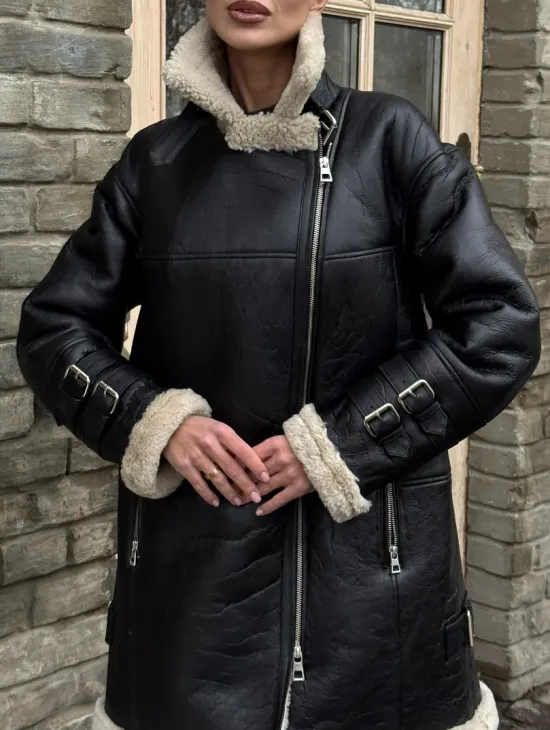 Удлиненная дубленка на белой овчине