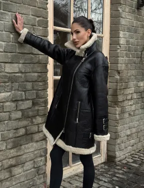 Удлиненная дубленка на белой овчине