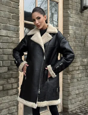 Удлиненная дубленка на белой овчине