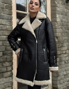 Удлиненная дубленка на белой овчине