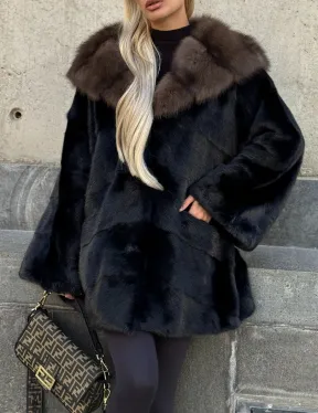 Черный норковый полушубок с капюшоном куница