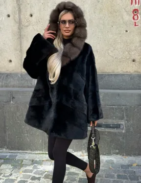 Черный норковый полушубок с капюшоном куница