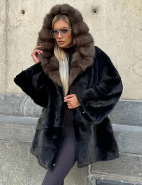 Черный норковый полушубок с капюшоном куница