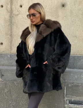 Черный норковый полушубок с капюшоном куница
