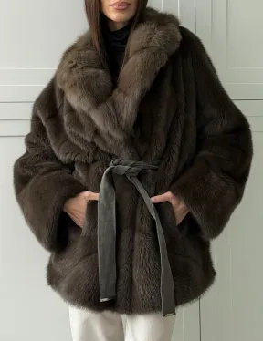 Шуба норковая летучая мышь с воротником из куницы - цвет хаки