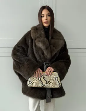 Шуба норковая летучая мышь с воротником из куницы - цвет хаки