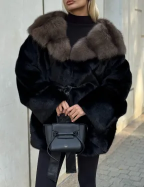 Черная норковая шуба летучая мышь с капюшоном из куницы