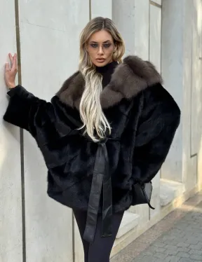 Черная норковая шуба летучая мышь с капюшоном из куницы