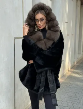 Черная норковая шуба летучая мышь с капюшоном из куницы