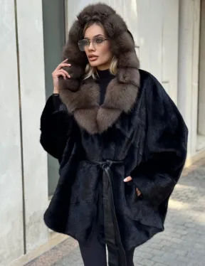 Черная норковая шуба летучая мышь с капюшоном из куницы