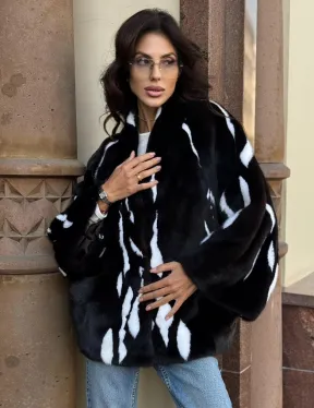 Черный норковый полушубок с рисунком