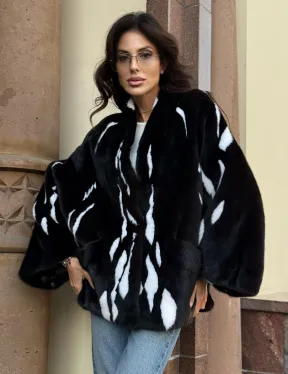 Черный норковый полушубок с рисунком